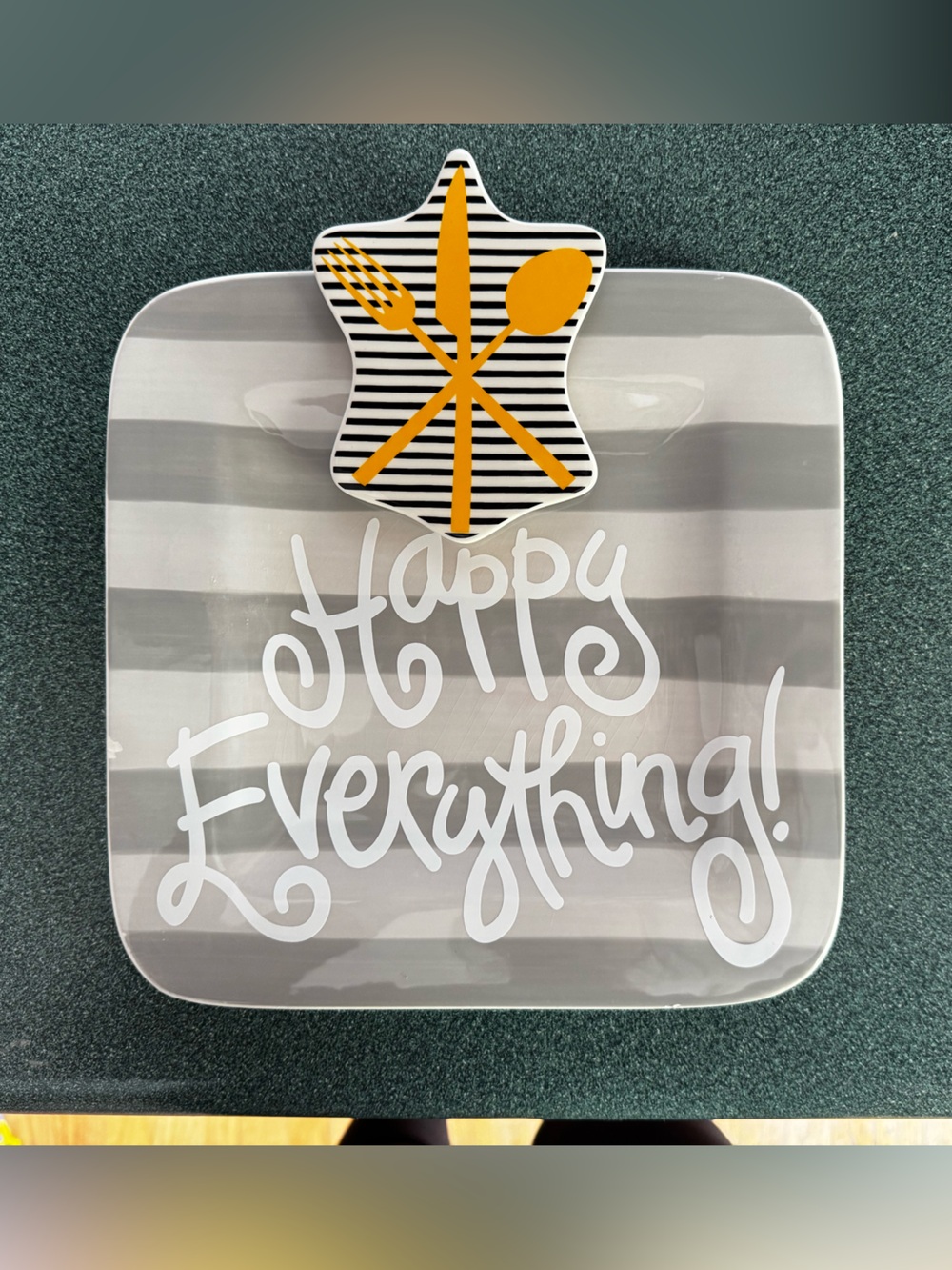 Coton Colors Gray & White 'Happy Everything!' Striped Decorative Plate